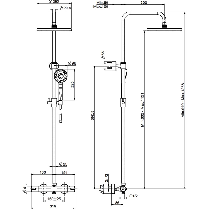 Душевая стойка с верхним душем 25x25 Fima Carlo Frattini Wellness Colonne doccia F3155/RP259CR (хром), без излива