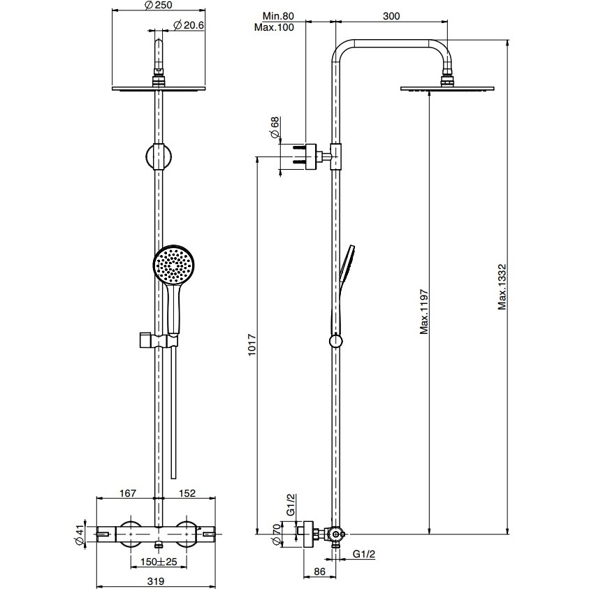 Душевая стойка с верхним душем 25x25 Fima Carlo Frattini Wellness Colonne doccia F3165/RP251CR (хром), без излива