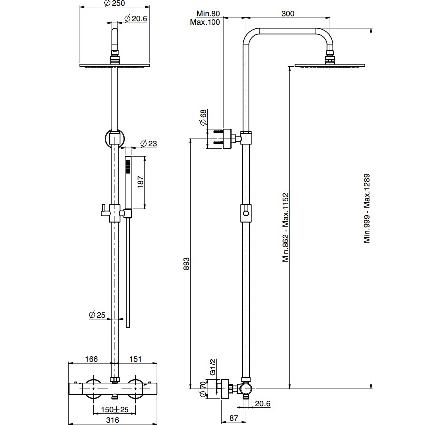 Душевая стойка с верхним душем 25x25 Fima Carlo Frattini Wellness F4285/R256OR (золотой), с термостатом, без излива