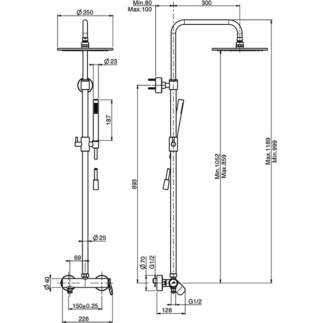 Душевая стойка с верхним душем 25x25 Fima Carlo Frattini Wellness Colonne doccia F3805/2OR (золотой), без излива