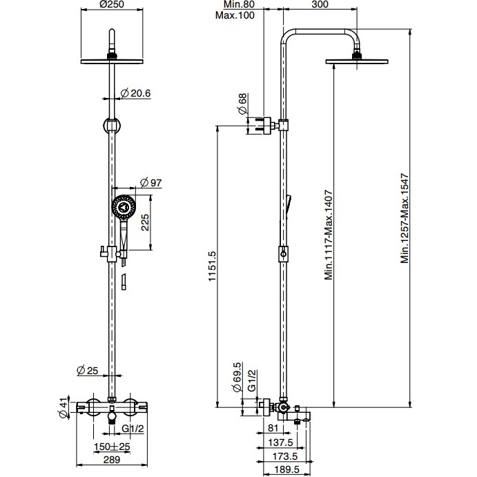 Душевая стойка с верхним душем 25x25 Fima Carlo Frattini Wellness Colonne doccia F4884/RP259CR (хром), с изливом