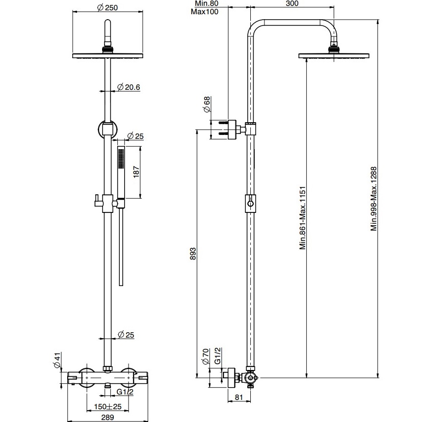 Душевая стойка с верхним душем 25x25 Fima Carlo Frattini Wellness Colonne doccia F4885/RP253CR (хром), с термостатом, без излива