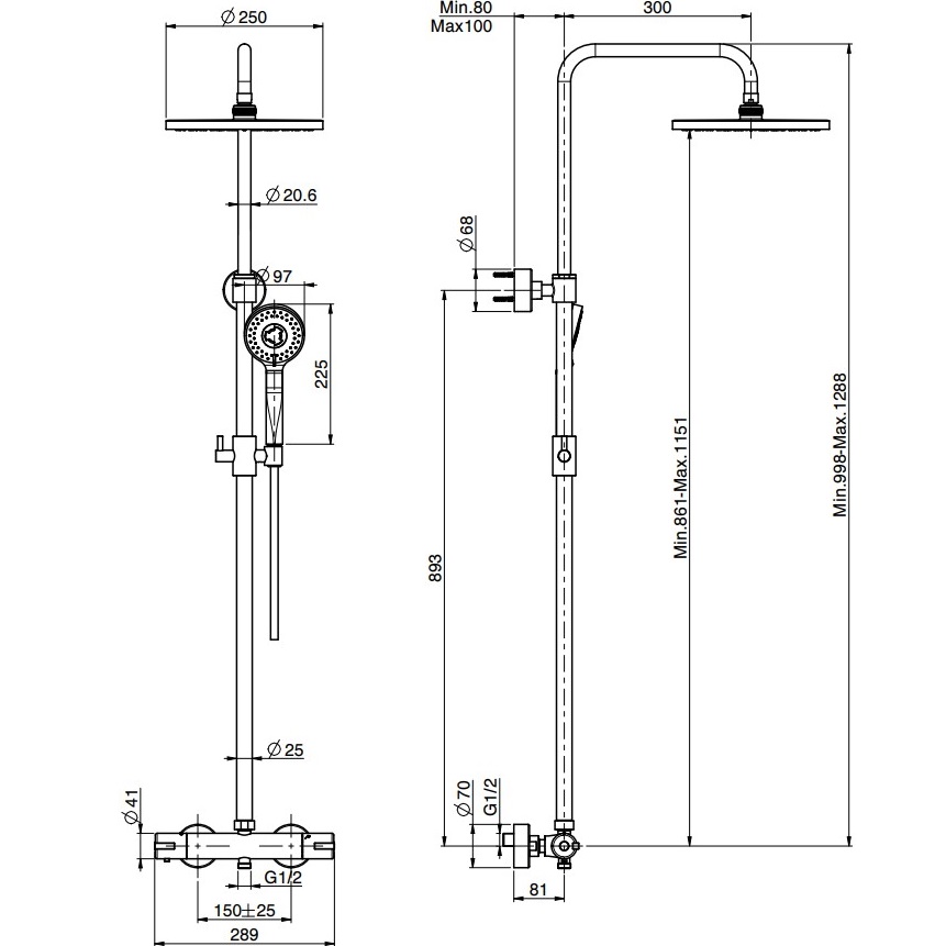 Душевая стойка с верхним душем 25x25 Fima Carlo Frattini Wellness Colonne doccia F4885/RP259CR (хром), с термостатом, без излива