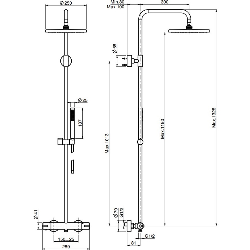 Душевая стойка с верхним душем 25x25 Fima Carlo Frattini Wellness Colonne doccia F4905/RP253CR (хром), с термостатом, без излива
