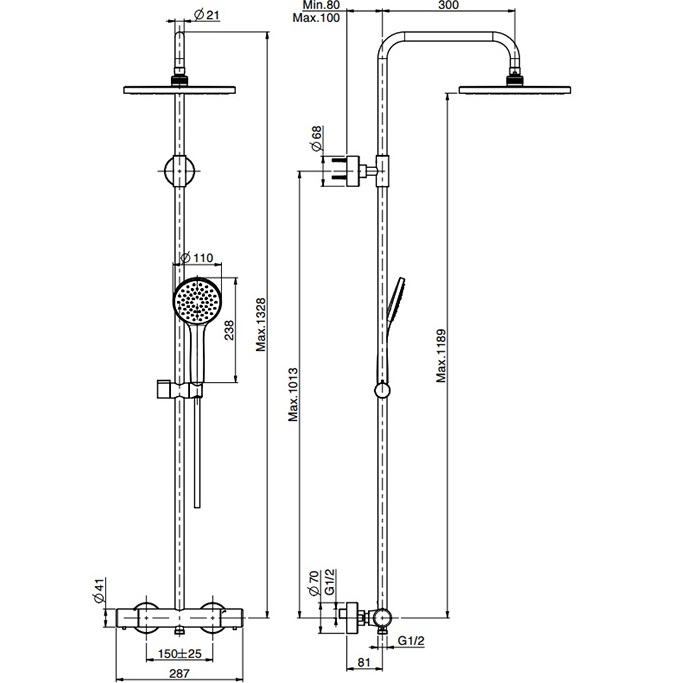 Душевая стойка с верхним душем 25x25 Fima Carlo Frattini Wellness Colonne doccia F4925/RP251CR (хром), с термостатом, без излива