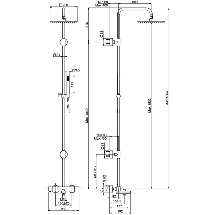 Душевая стойка с верхним душем 25x25 Fima Carlo Frattini Wellness Colonne doccia F4954/Q255NS (черный матовый), с термостатом, с изливом