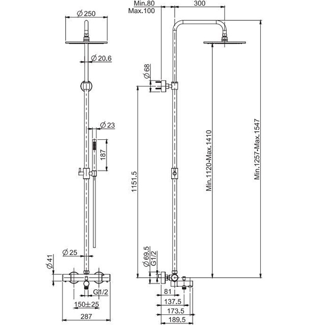 Душевая стойка с верхним душем 25x25 Fima Carlo Frattini Wellness F4284/R253CR (хром), с термостатом, с изливом