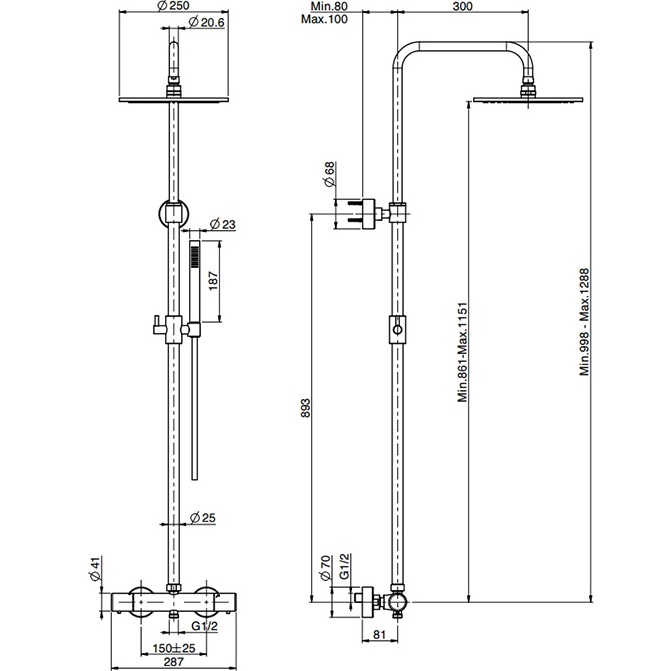 Душевая стойка с верхним душем 25x25 Fima Carlo Frattini Wellness F4285T/R256XOR (золотой), с термостатом, без излива