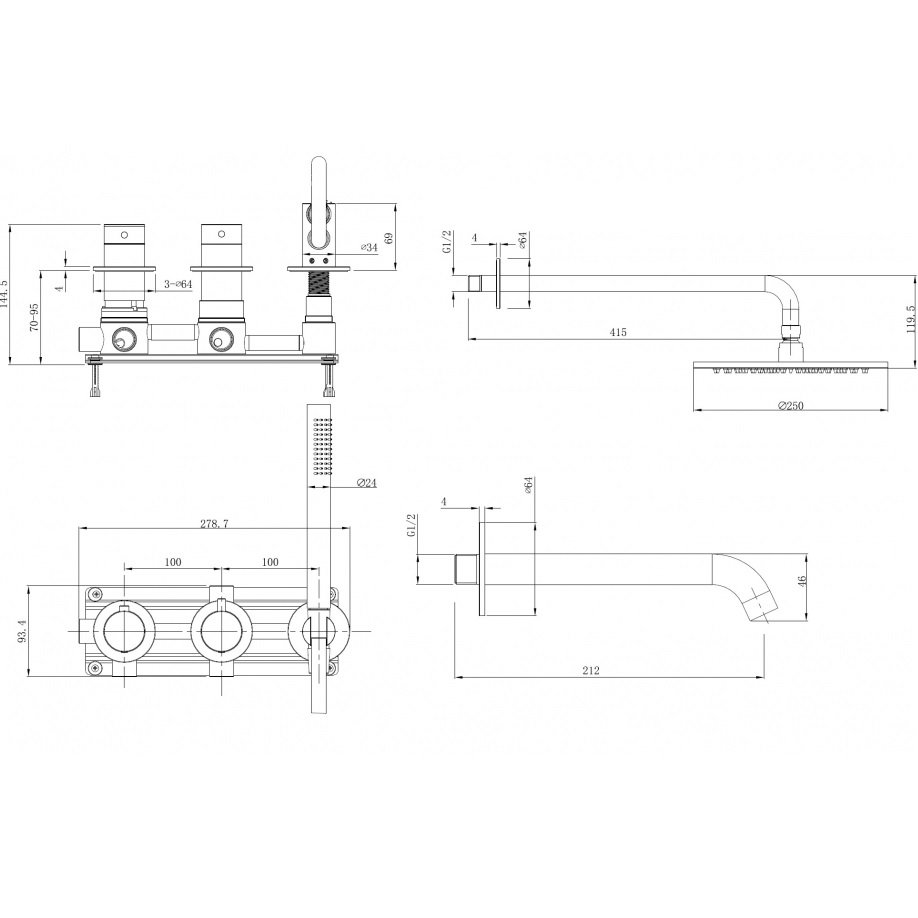 Душевая система скрытого монтажа 25x25 Abber Wasser Kreis 316 AF8150BST (сталь брашированная), с изливом