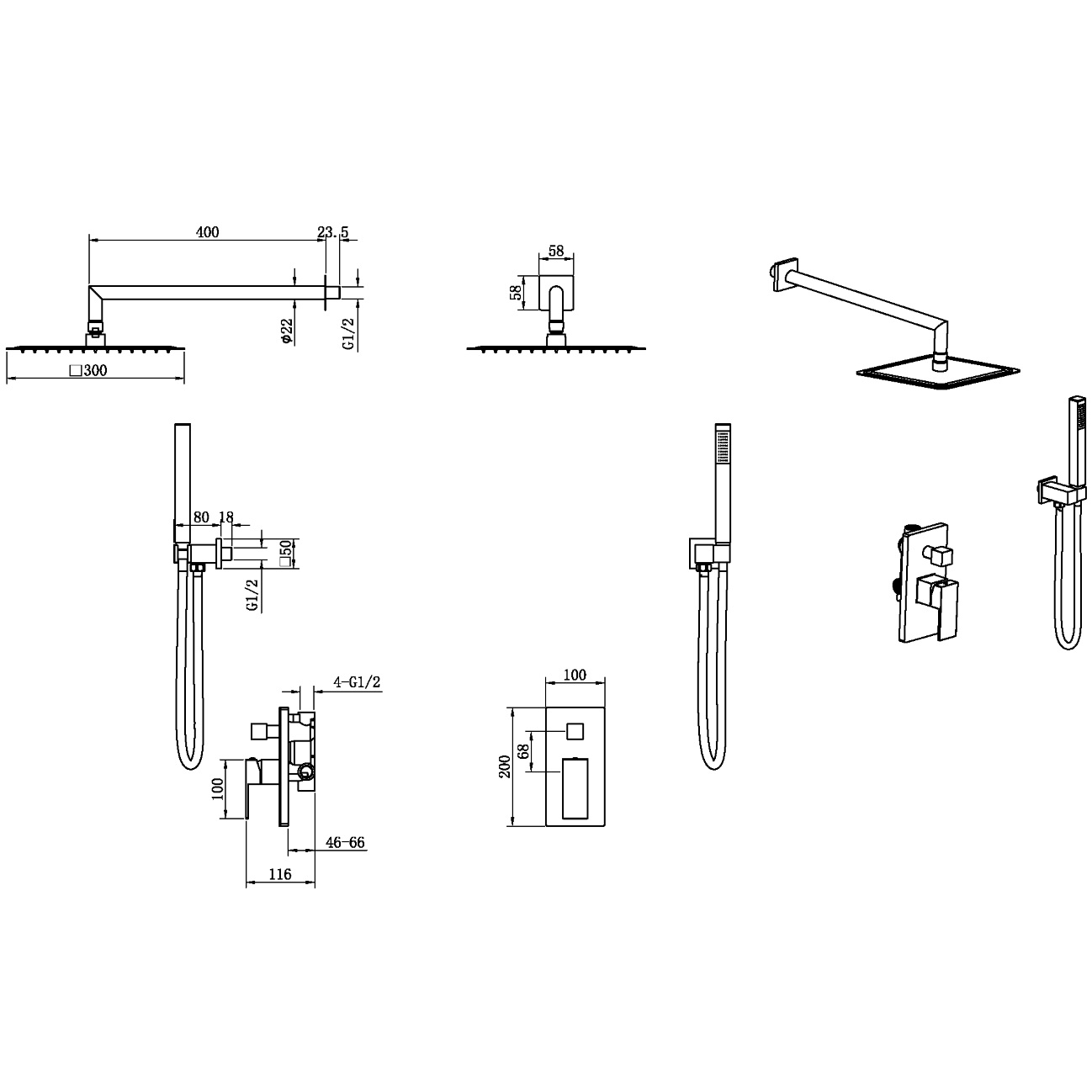 Душевая система скрытого монтажа 30x30 см. Boheme Qubic 474-3-BRB (бронза брашированная), без излива