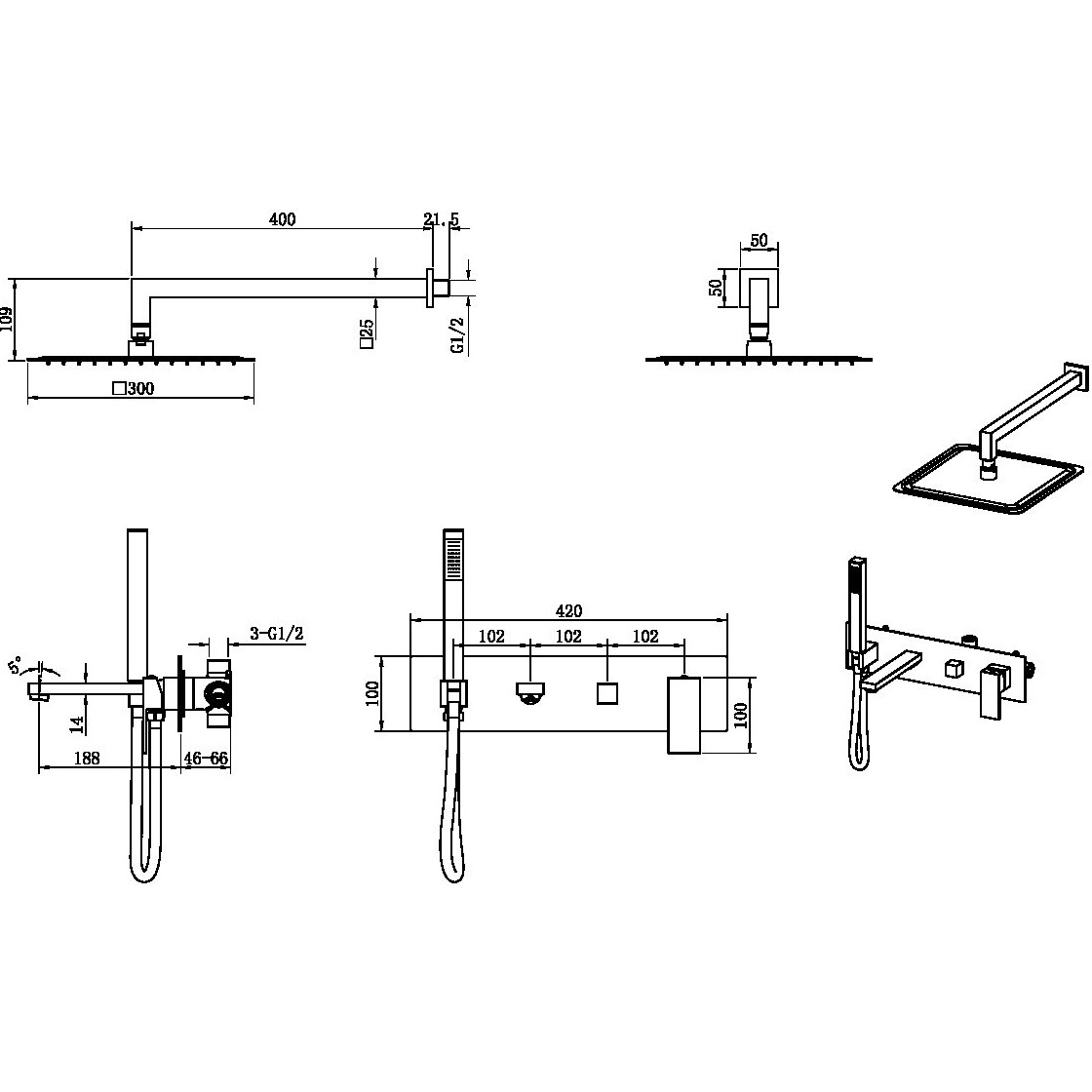 Душевая система скрытого монтажа 30x30 см. Boheme Qubic 474-BR (бронза), с изливом