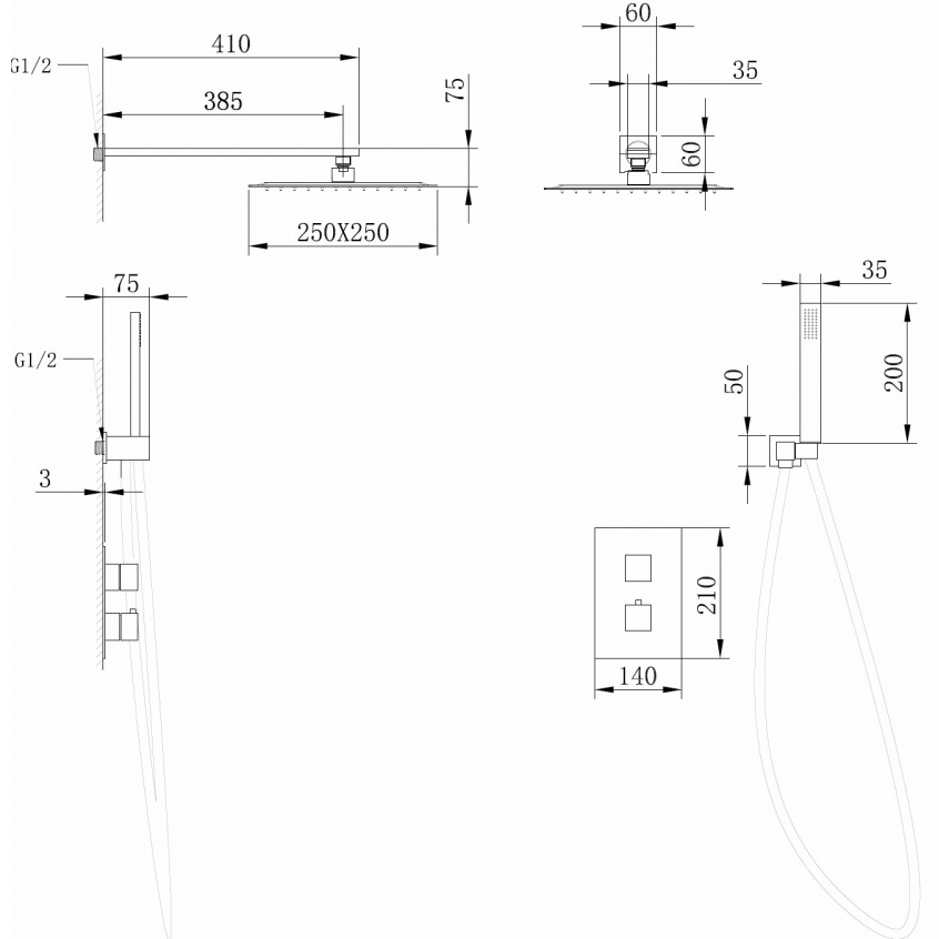 Душевая система скрытого монтажа Abber Daheim AF8251SP (сатин), с термостатом, без излива