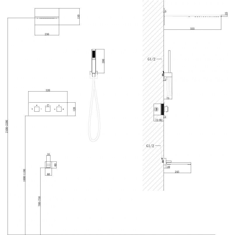 Душевая система скрытого монтажа Abber Daheim AF8253SP (сатин), с термостатом, с изливом