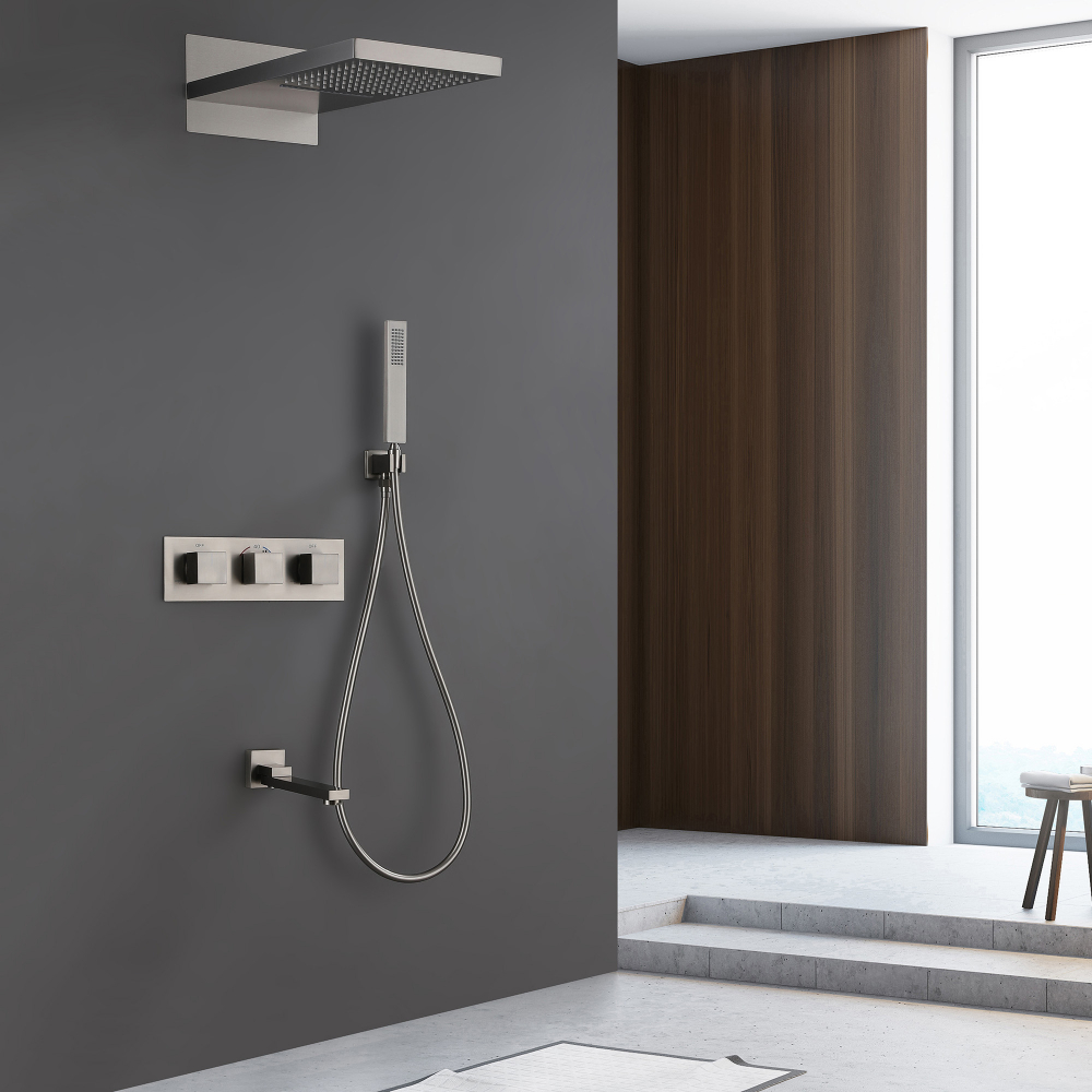 Душевая система скрытого монтажа Abber Daheim AF8253SP (сатин), с термостатом, с изливом