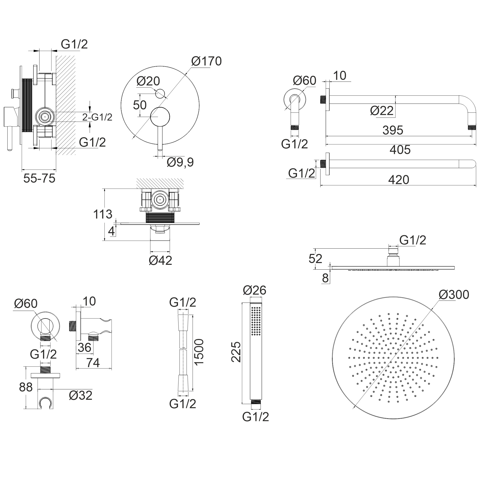 Душевой комплект скрытого монтажа 30x30см., Whitecross Серия Y YSET04GL (золотой), без излива