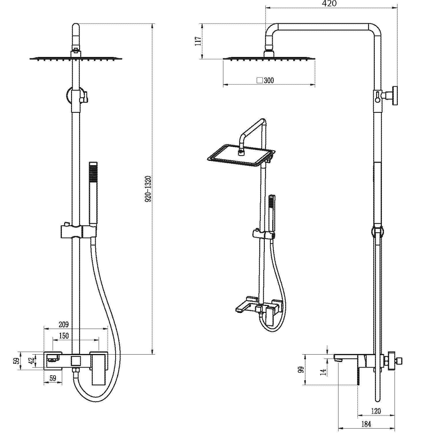 Душевая стойка с ручным душем Boheme Qubic 478-B (черный матовый), с изливом