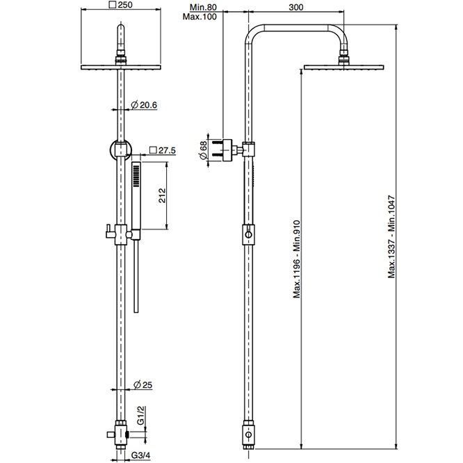 Душевая стойка с верхним душем 25x25 Fima Carlo Frattini Wellness Colonne doccia F2700CR (хром), с держателем и ручным душем