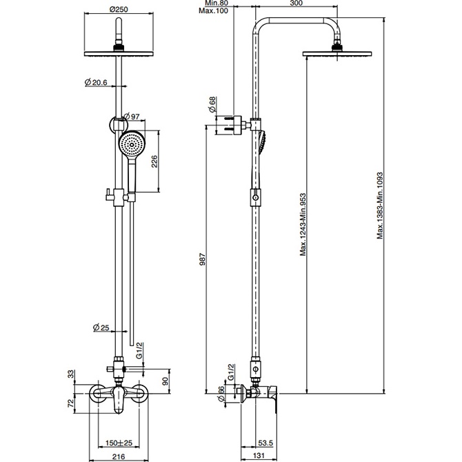 Душевая стойка с верхним душем 25x25 Fima Carlo Frattini Wellness Colonne doccia F3835/2CR (хром), без излива