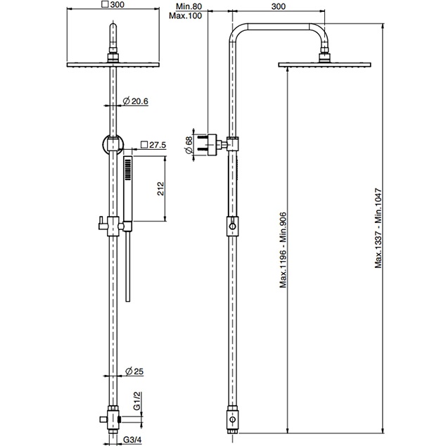 Душевая стойка с верхним душем 30x30 Fima Carlo Frattini Wellness Colonne doccia F2200LOR (золотой), с держателем и ручным душем