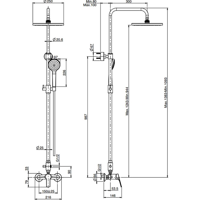 Душевая стойка со смесителем Fima Carlo Frattini Wellness Colonne doccia F3765/2CR (хром), с держателем, верхним и ручным душем