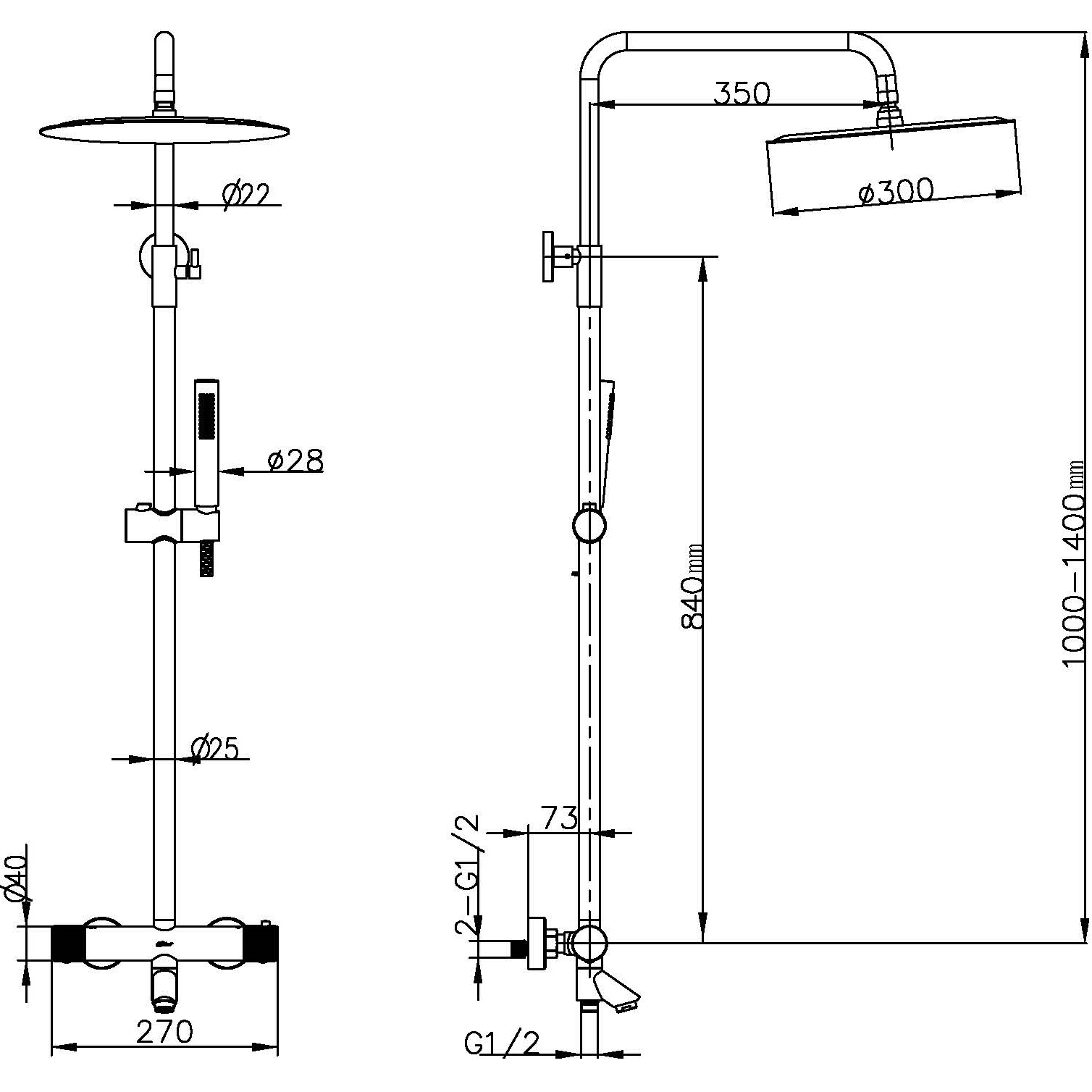 Душевая стойка со смесителем 30x30 см. Boheme Uno 468-T-G (золотой), с термостатом, с изливом