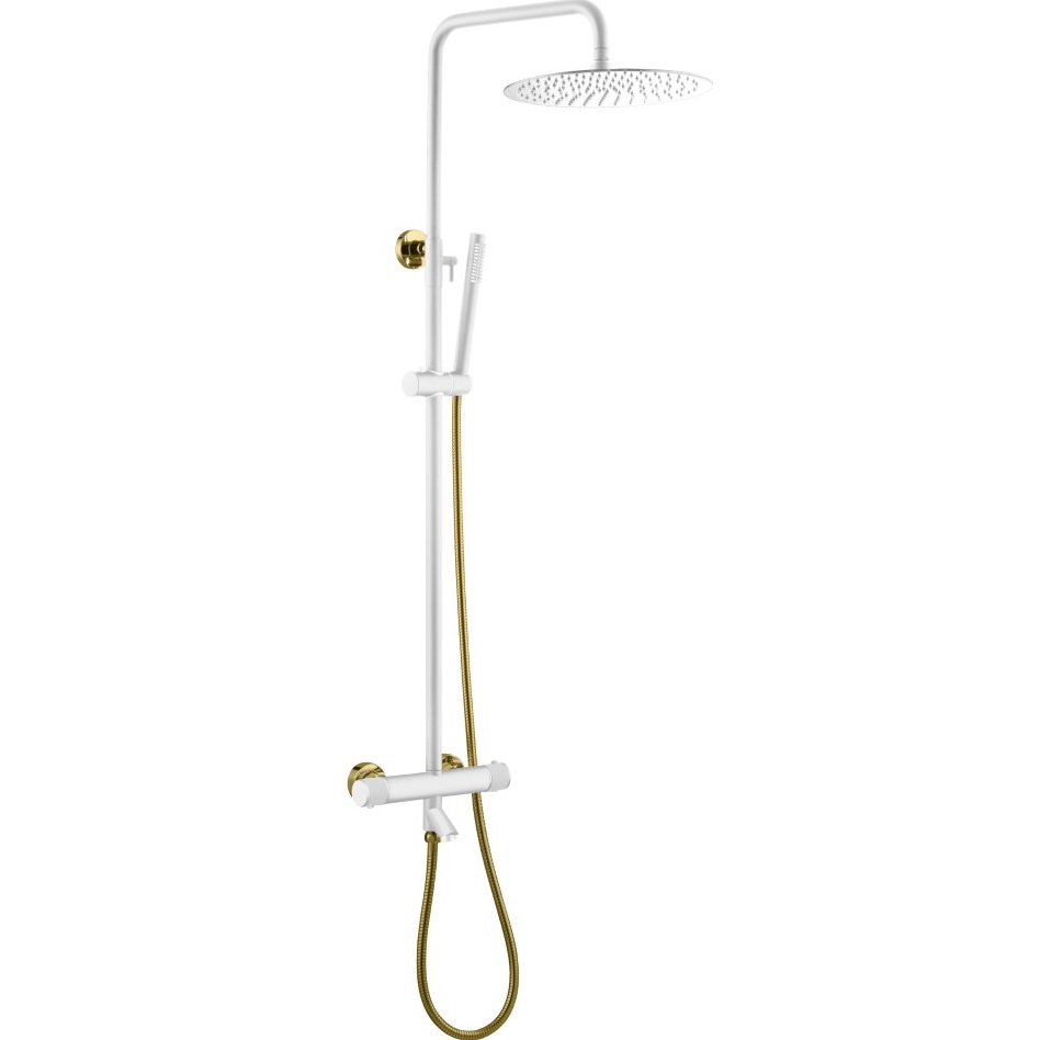 Душевая стойка со смесителем 30x30 см. Boheme Uno 468-T-WG (золотой, белый матовый), с термостатом, с изливом