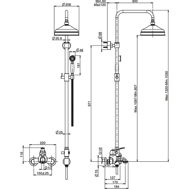Душевая стойка со смесителем Fima Carlo Frattini Lamp F3304/2OR (золотой), с изливом
