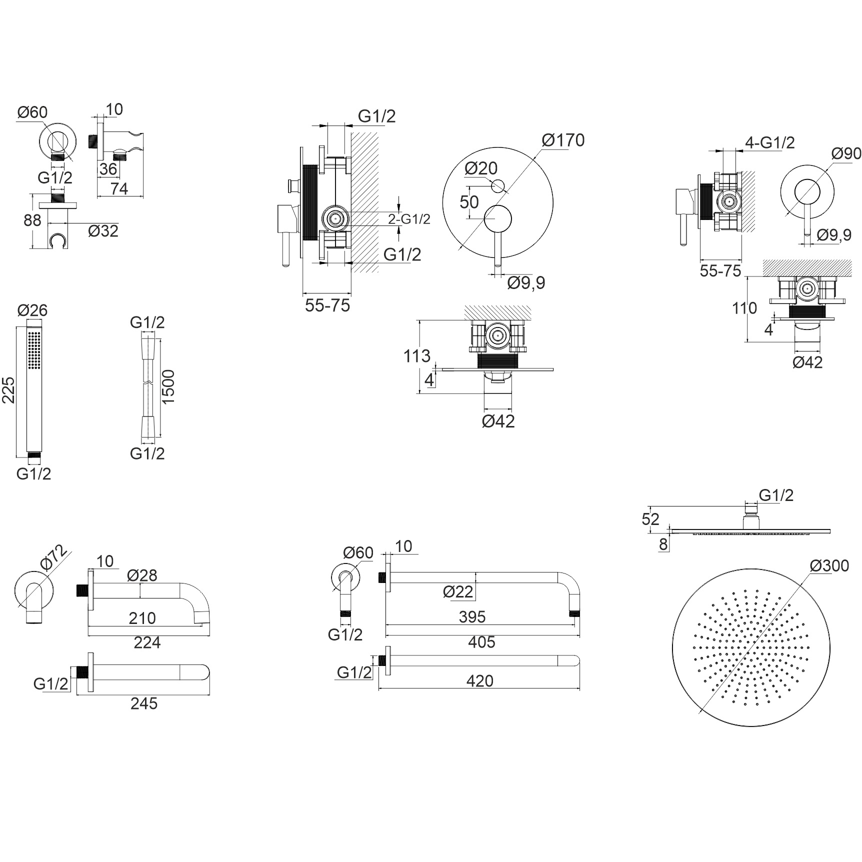 Душевой комплект для ванны и душа скрытого монтажа 30x30 см., Whitecross Серия Y YSET07GM (оружейный металл), с изливом