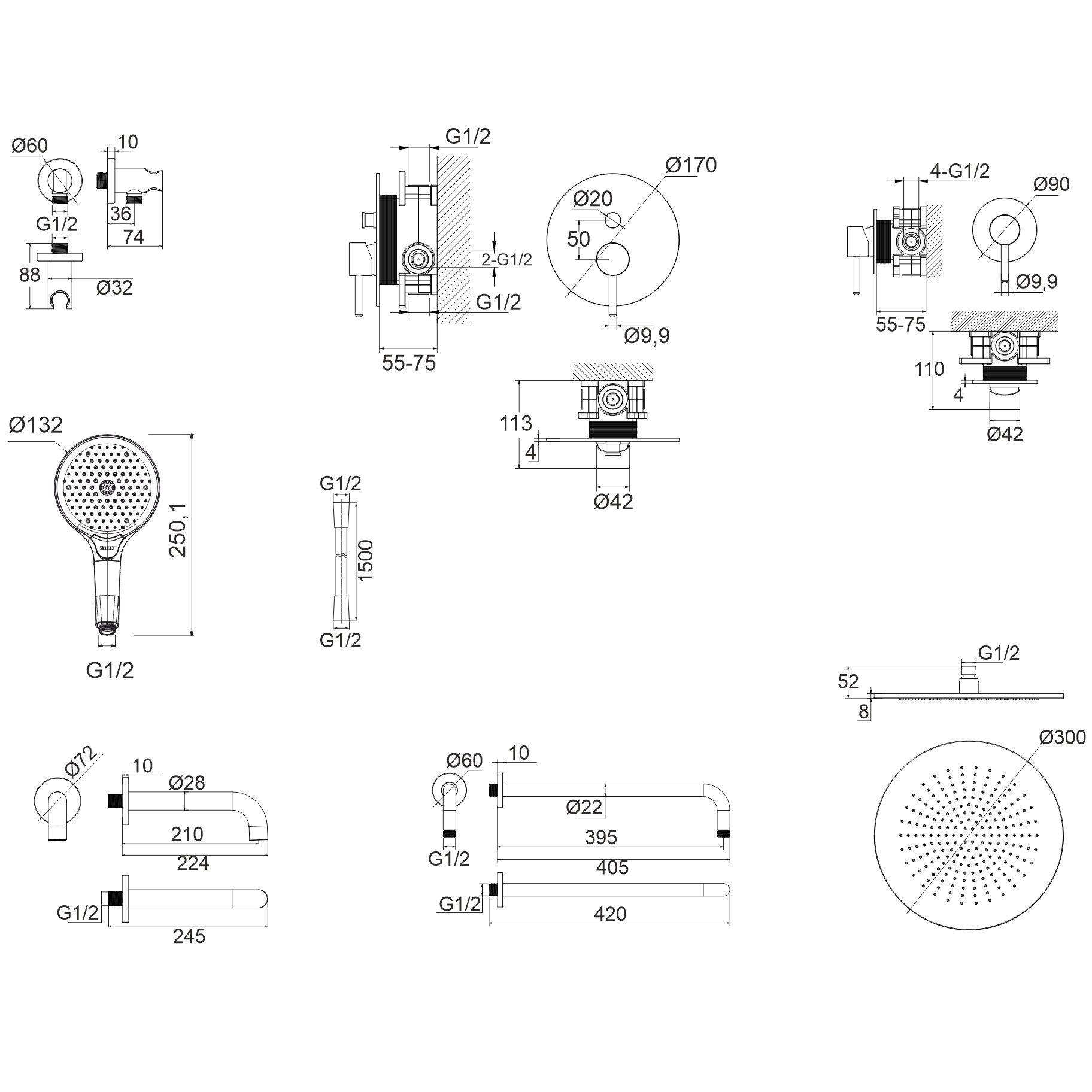 Душевой комплект для ванны и душа скрытого монтажа 30x30 см., Whitecross Серия Y YSET07TOPGL (золотой), с изливом