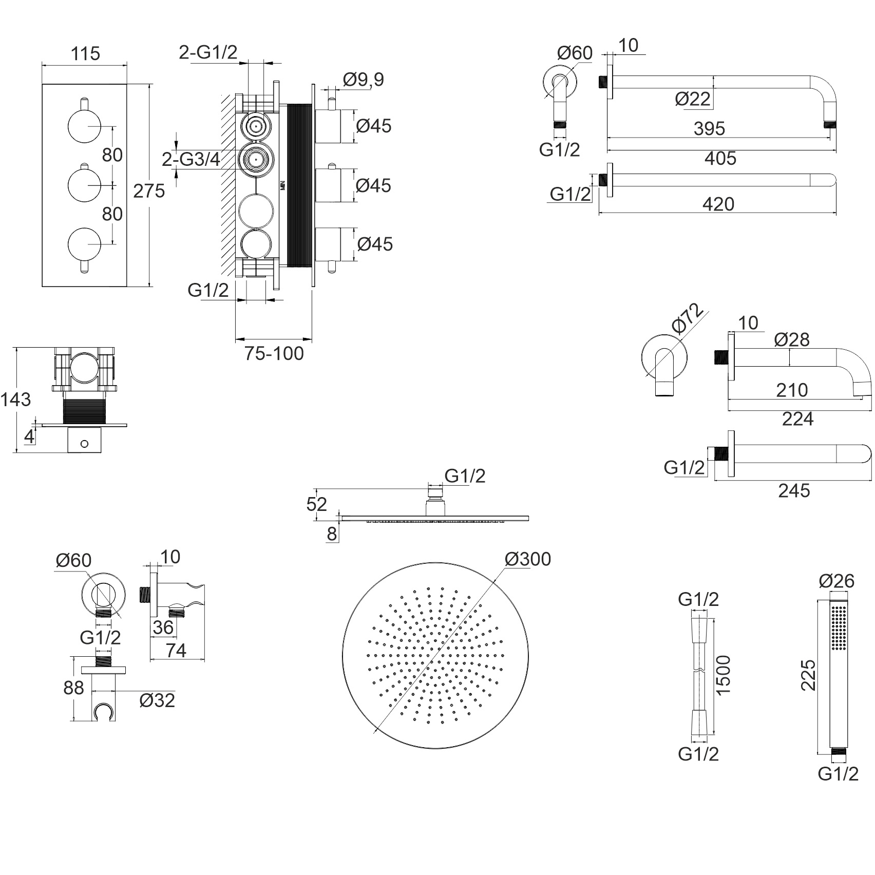 Душевой комплект для ванны и душа скрытого монтажа 30x30см., Whitecross серия Y YSET11NIB (никель брашированный PVD), с термостатом, с изливом