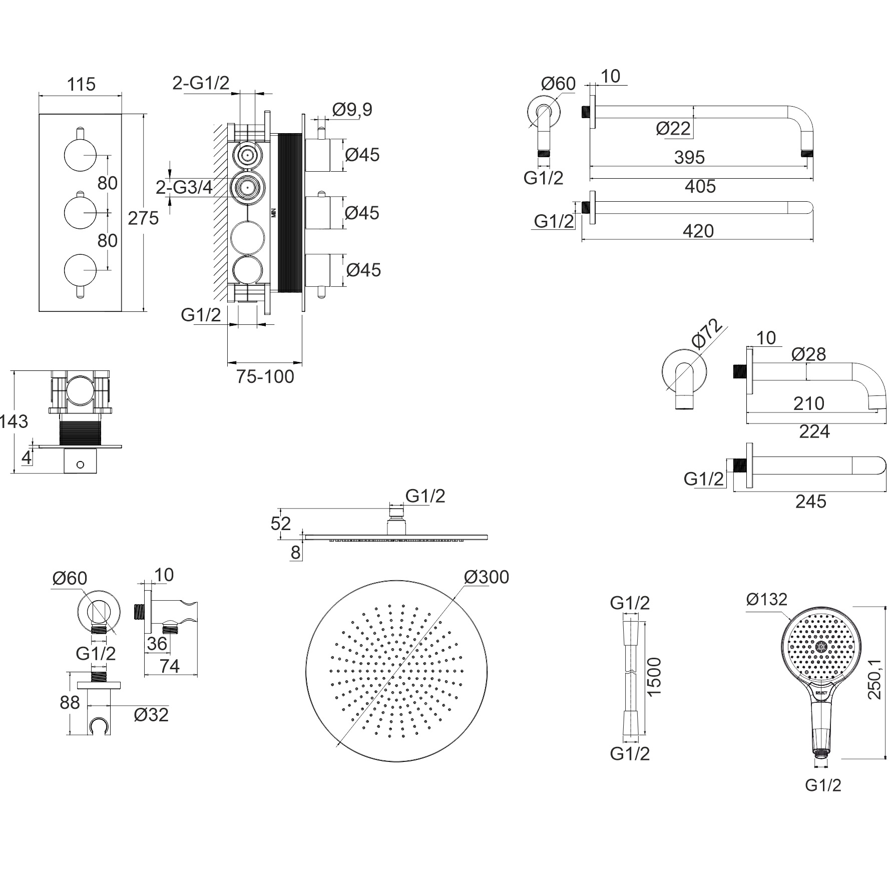Душевой комплект для ванны и душа скрытого монтажа 30x30см., Whitecross серия Y YSET11TOPCR (хром), с термостатом, с изливом