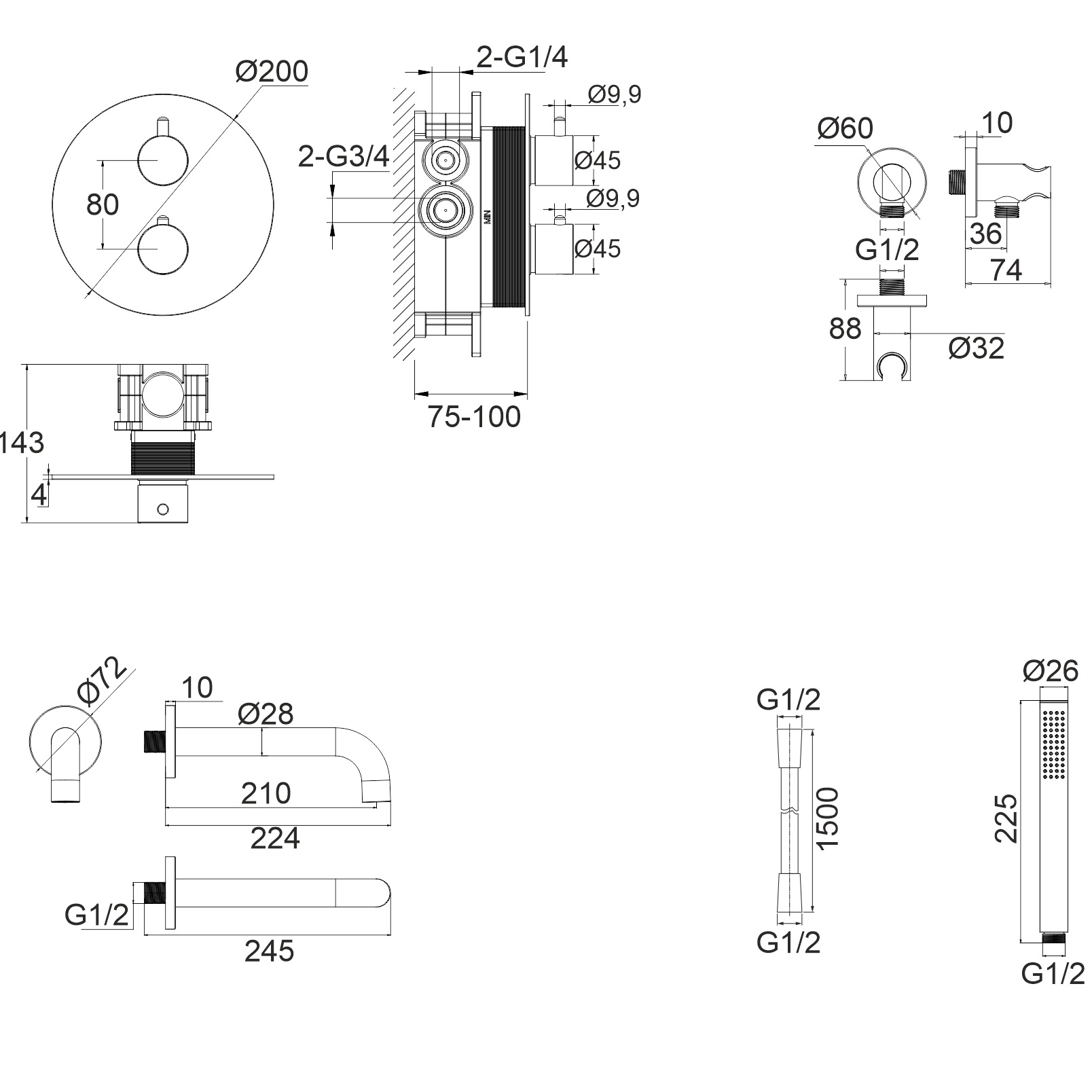 Душевой комплект для ванны скрытого монтажа Whitecross серия Y YSET10BL (черный матовый), с термостатом, с изливом