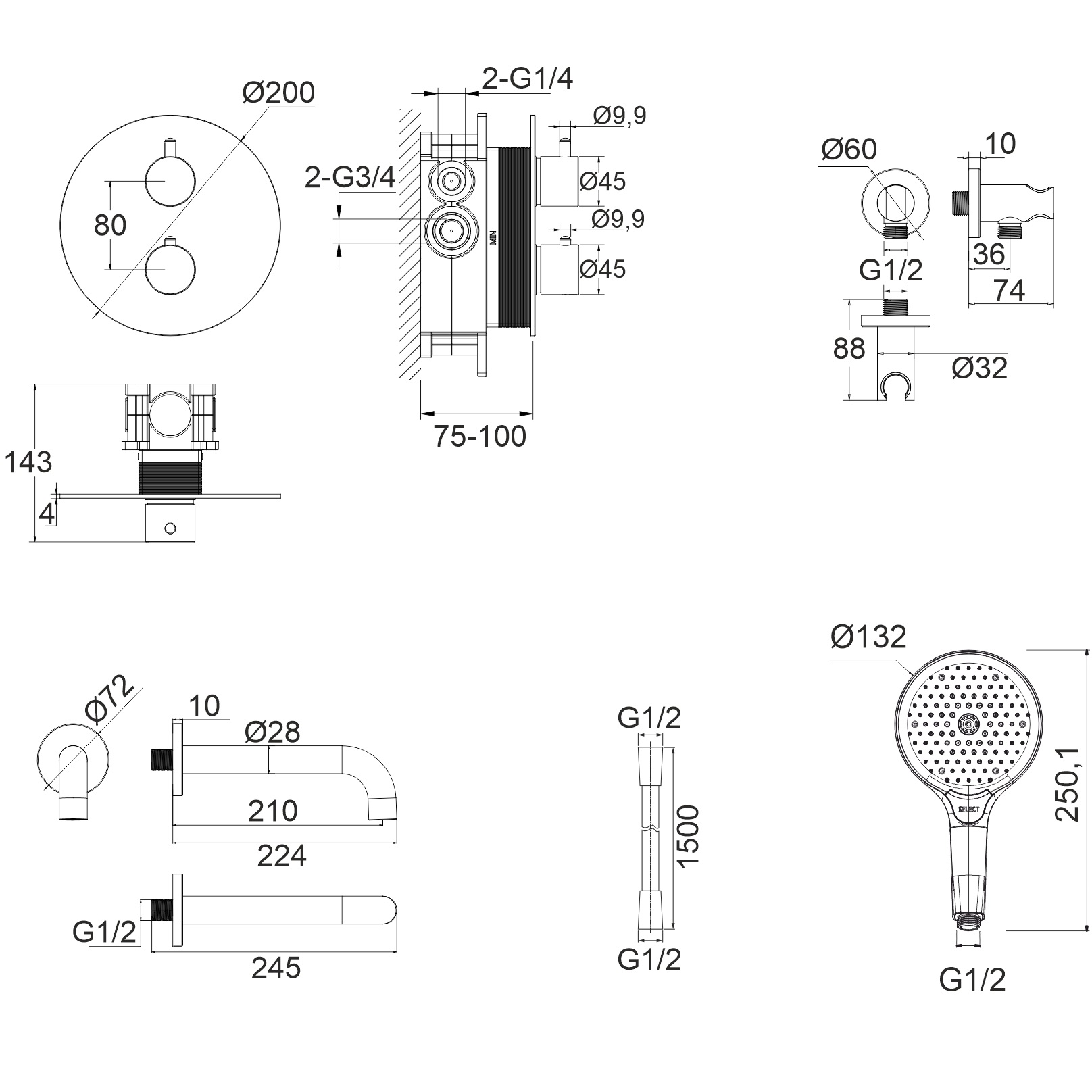 Душевой комплект для ванны скрытого монтажа Whitecross серия Y YSET10TOPBL (черный матовый), с термостатом, с изливом