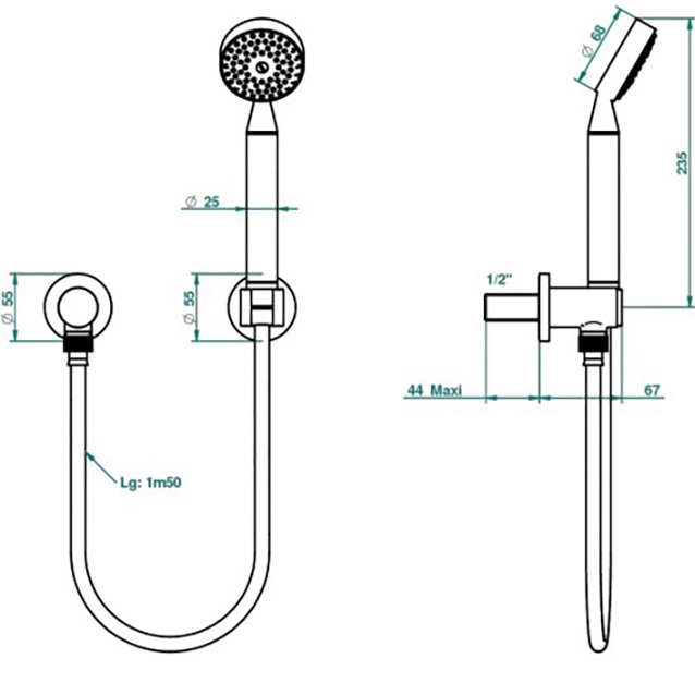 Душевой комплект с ручным душем держатель, подвод воды и шланг 150 см THG Island U5B-F30-52 (золотой)