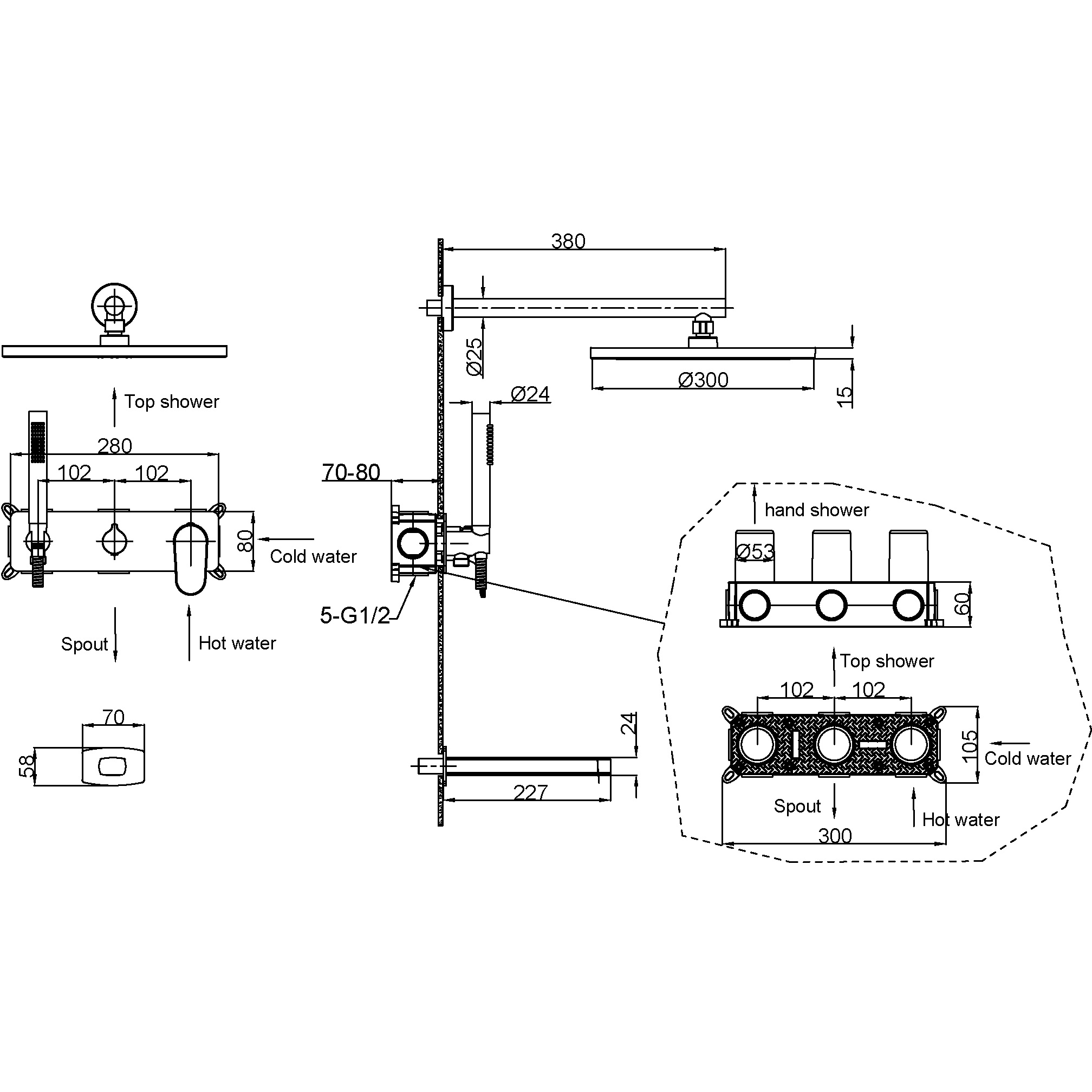 Душевой комплект скрытого монтажа 30x30 см., Boheme Spectre 454-2-CR (хром), с изливом