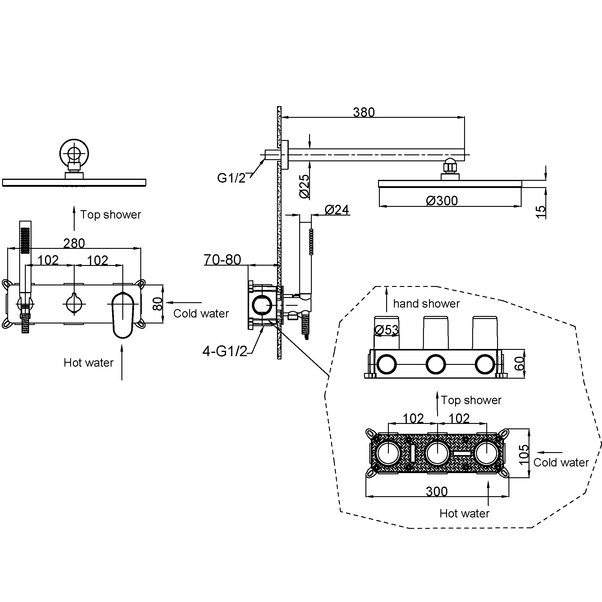 Душевой комплект скрытого монтажа 30x30 см., Boheme Spectre 454-G (золотой), без излива