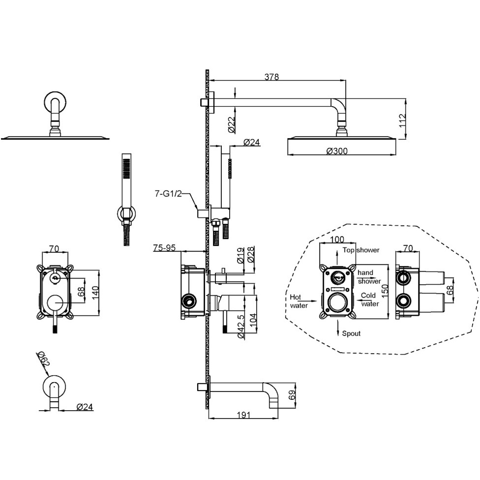 Душевой комплект скрытого монтажа 30x30 см. Boheme Uno 464-2-BG (золотой, черный матовый), с изливом