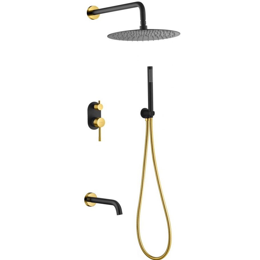 Душевой комплект скрытого монтажа 30x30 см. Boheme Uno 464-2-BG (золотой, черный матовый), с изливом