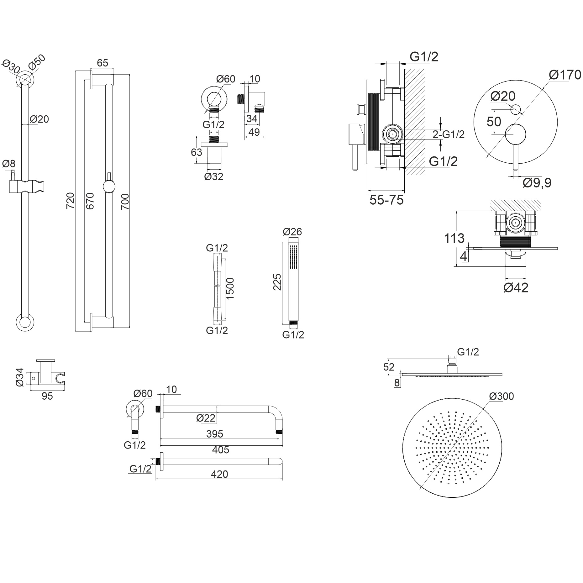 Душевой комплект скрытого монтажа 30x30см., Whitecross Серия Y YSET05BL (черный матовый), без излива