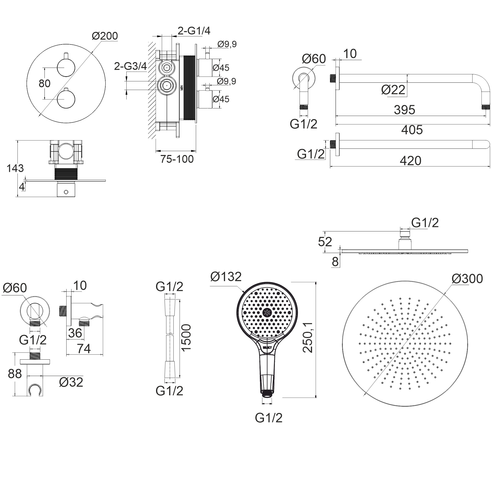 Душевой комплект скрытого монтажа 30x30см., Whitecross серия Y YSET08TOPGM (оружейный металл PVD), с термостатом, без излива