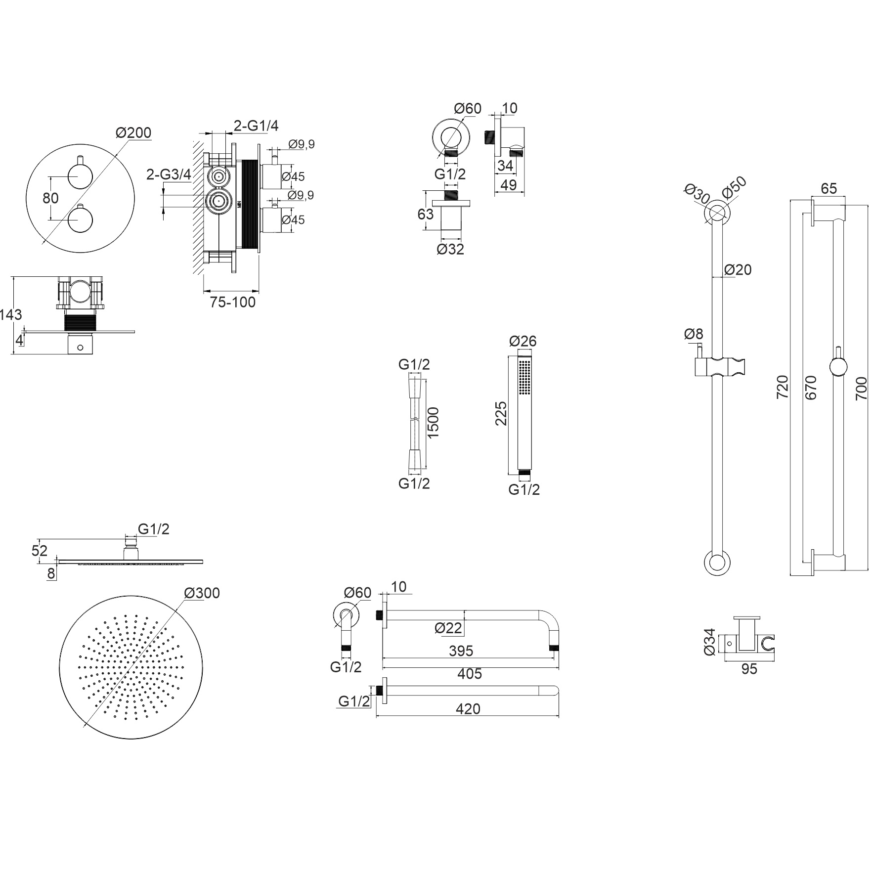 Душевой комплект скрытого монтажа 30x30см., Whitecross серия Y YSET09NIB (никель брашированный PVD), с термостатом, без излива