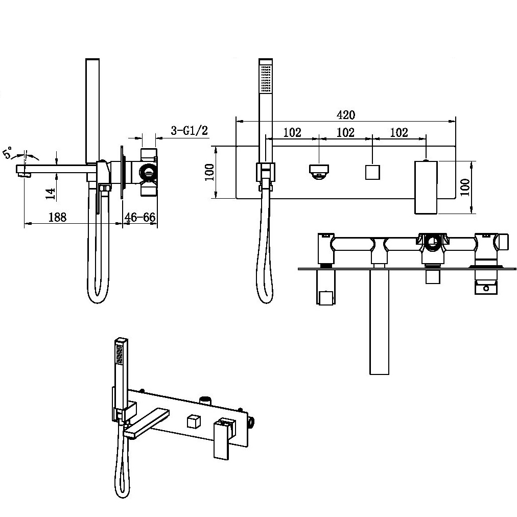 Смеситель для ванны и душа скрытого монтажа Boheme Qubic 474-2-BRB (бронза брашированная), с изливом
