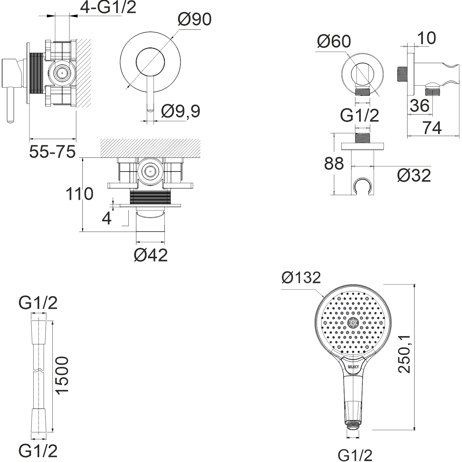 Душевой комплект скрытого монтажа Whitecross Серия Y YSET02TOPCR (хром), без излива