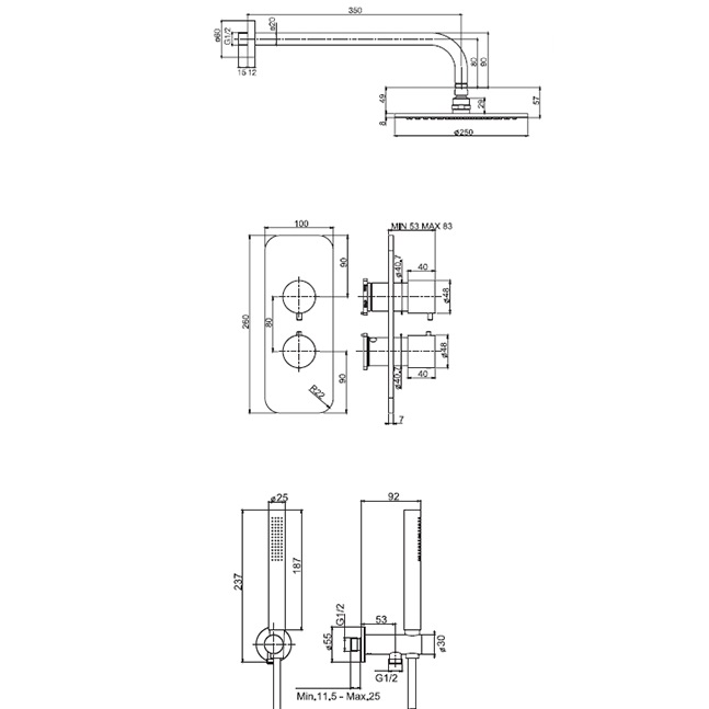Душевой комплект встраиваемый 25x25см Fima Carlo Frattini Wellness F4409CR (хром), с термостатом, 2/3 источника