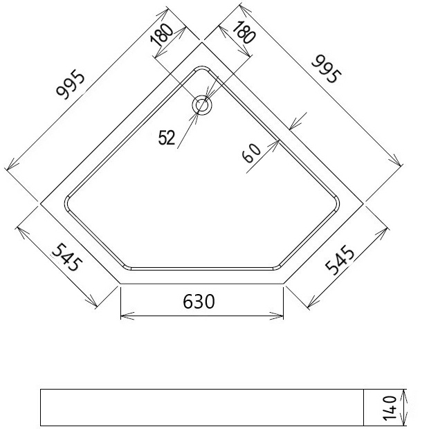 Душевой поддон Gemy ST11T 100x100x14 (белый), пятиугольный
