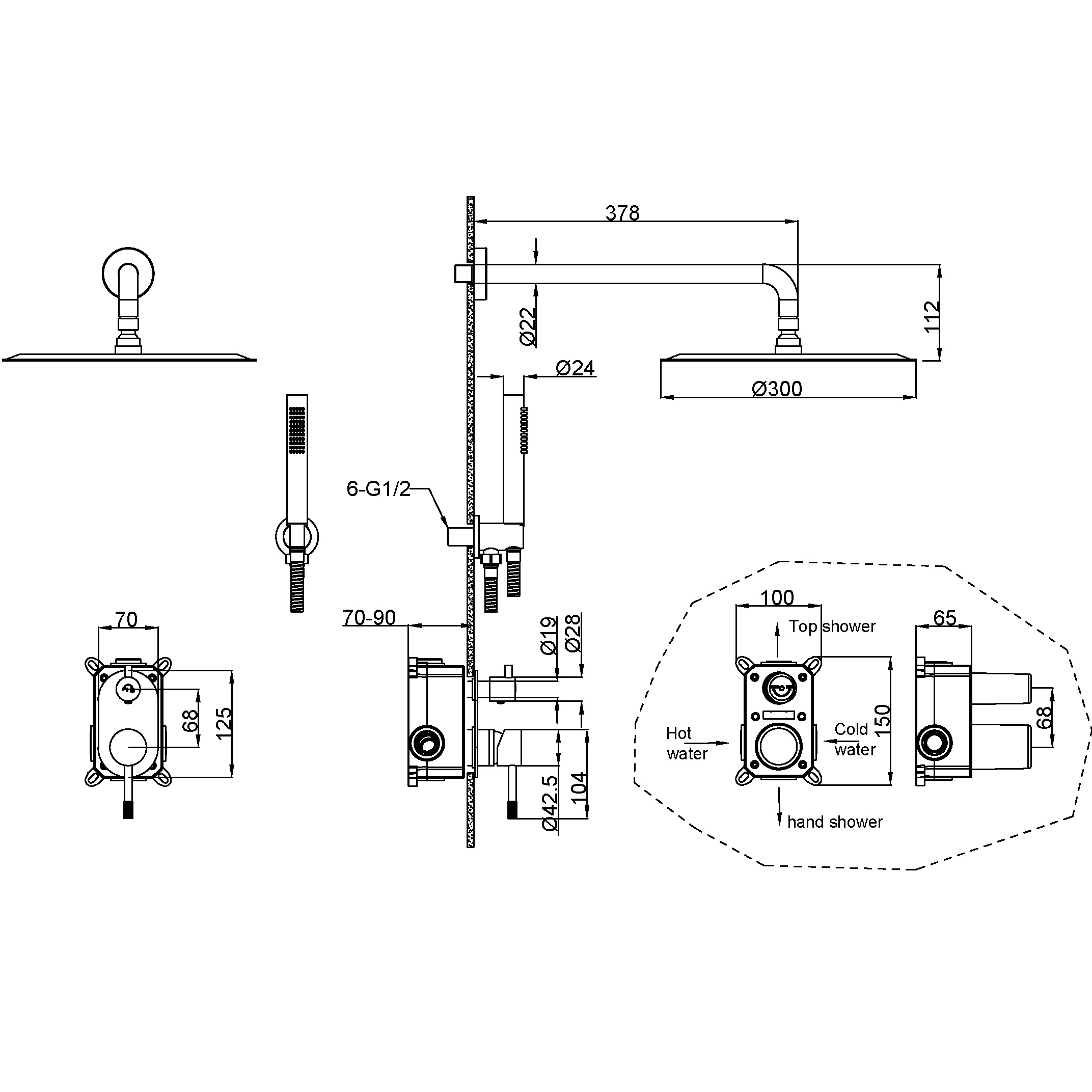 Душевой комплект скрытого монтажа 30x30 см. Boheme Uno 464-CB (медь брашированная), без излива