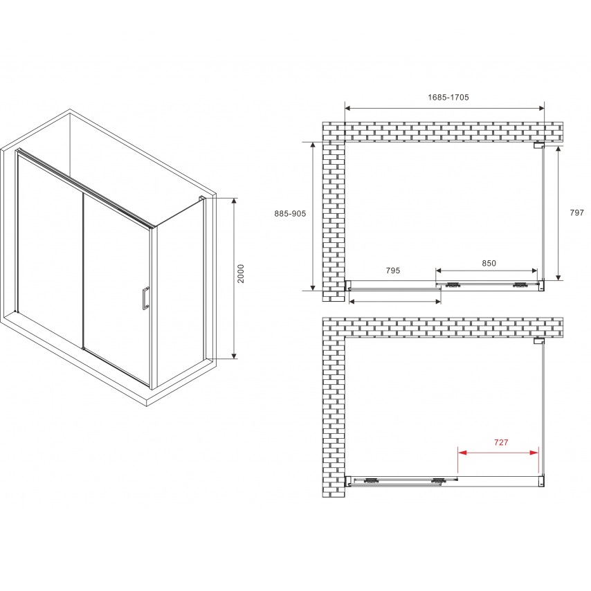 Душевой уголок ABBER Komfort AG93170B-S92B 170х90х200 (черный матовый), с доводчиками