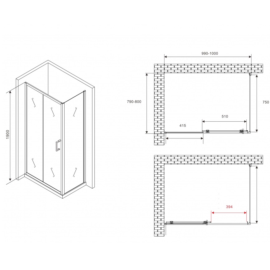 Душевой уголок ABBER Schwarzer AG30100B5-S80B5 100x80x190 (черный матовый)