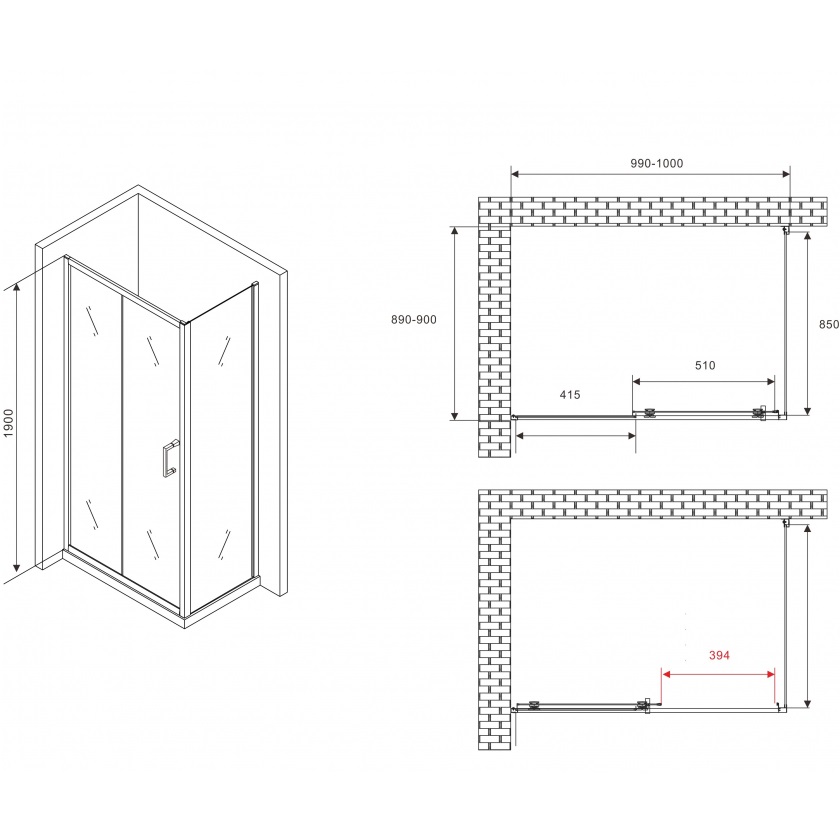 Душевой уголок ABBER Schwarzer AG30100B5-S90B5 100x90x190 (черный матовый)