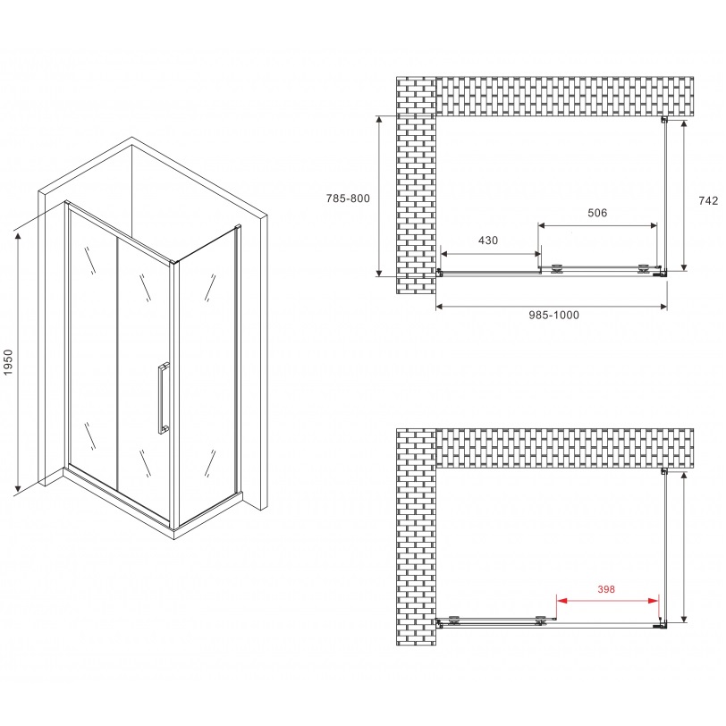 Душевой уголок ABBER Schwarzer AG30100BH-S80B 100x80x195 (черный матовый)